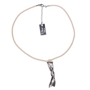 VTG Christian Dior Beauty Silver Bow Ribbon Charm Pink Cord Choker Necklace